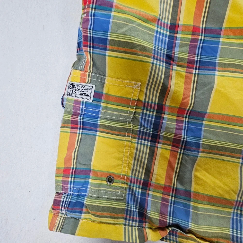 Polo Ralph Lauren Men XXL Yellow Plaid Swim Trunks Board Shorts Mesh Lined Cargo